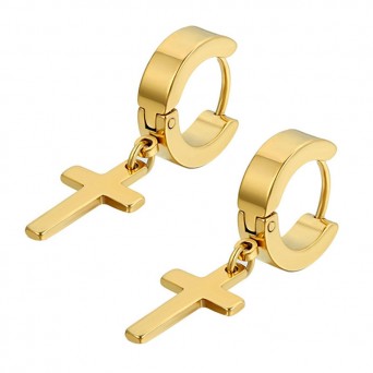 Jt Unisex σκουλαρίκια κρίκοι μικροί χρυσοί με σταυρό ατσάλι