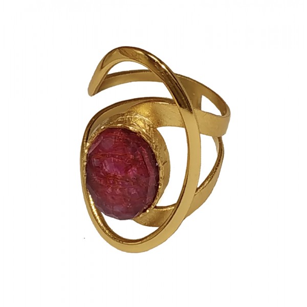 Ano Ασημένιο δαχτυλίδι χρυσό με πέτρα χαλαζία και ρουμπίνι