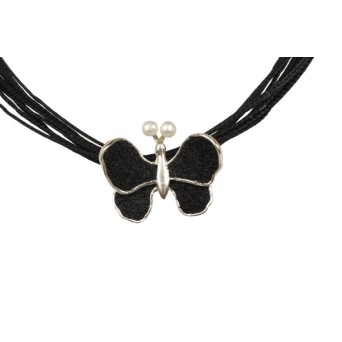 Jt Ασημένιο κολιέ πεταλούδα με λάβα και μαργαριτάρι