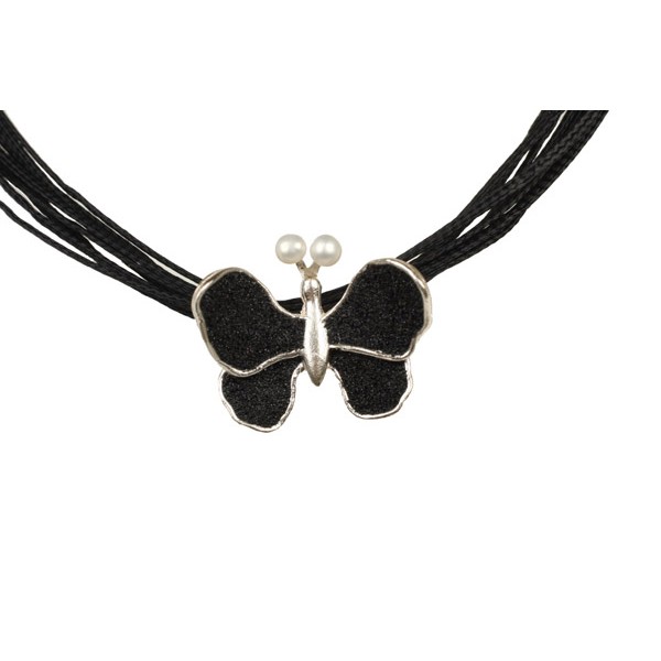 Jt Ασημένιο κολιέ πεταλούδα με λάβα και μαργαριτάρι