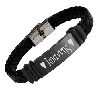 JT Ανδρικό δερμάτινο βραχιόλι ταυτότητα με χάραξη από ατσάλι