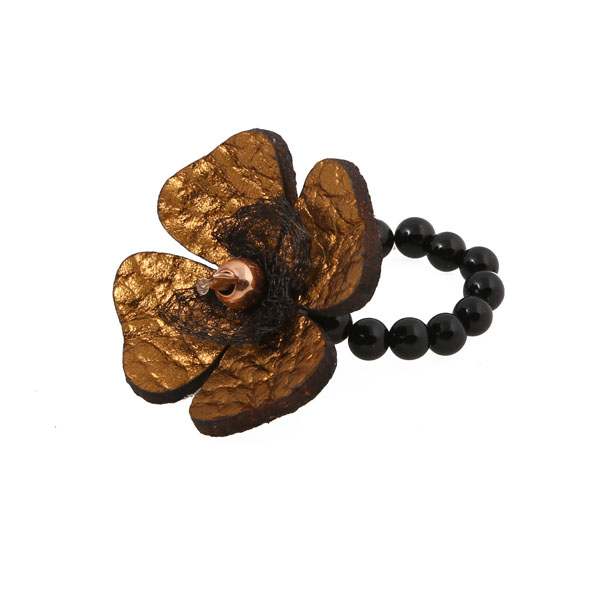 Jt Ασημένιο δαχτυλίδι με μπρονζέ δερμάτινο λουλούδι και όνυχα