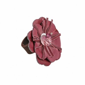 Jt Ασημένιο δερμάτινο δαχτυλίδι μπορντό λουλούδι και Swarovski