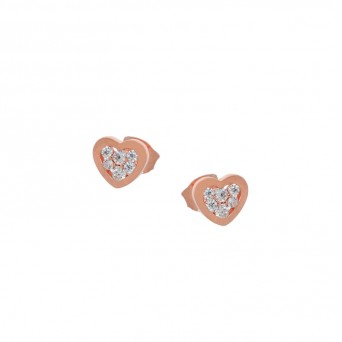 Jt Ασημένια σκουλαρίκια καρδιά ροζ χρυσό με λευκά ζιργκόν