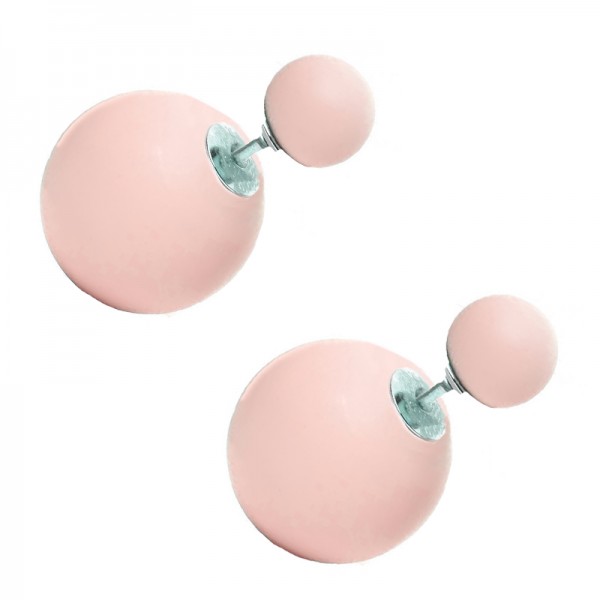 VFJ Ασημένια σκουλαρίκια καρφωτά διπλή πέρλα ροζ ανοιχτό