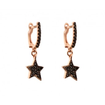 VFJ Ασημένια σκουλαρίκια κρίκοι αστέρια με μαύρα ζιργκόν
