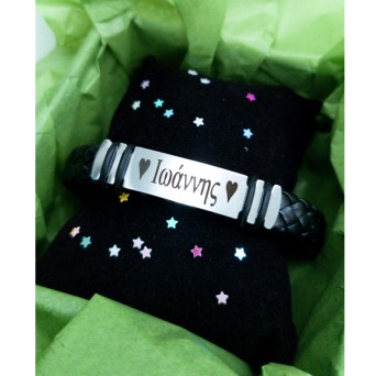 JT Ανδρικό δερμάτινο βραχιόλι ταυτότητα με χάραξη από ατσάλι