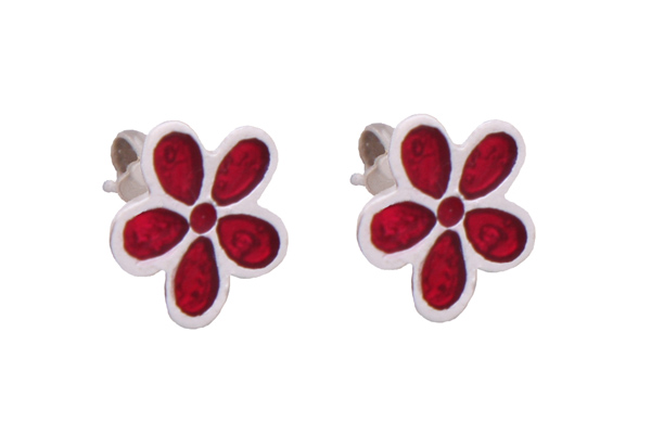 Stelios Ασημένια καρφωτά σκουλαρίκια κόκκινο λουλούδι